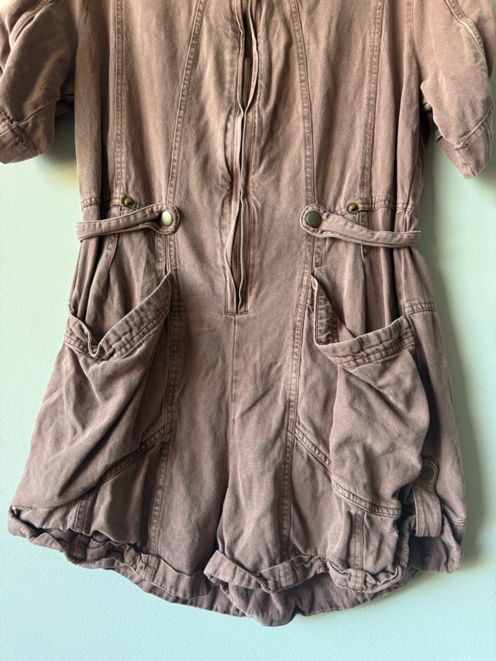 Free People Short-Sleeve Zip Romper in brown size small s let’s ride Shortalls - Picture 7 of 13